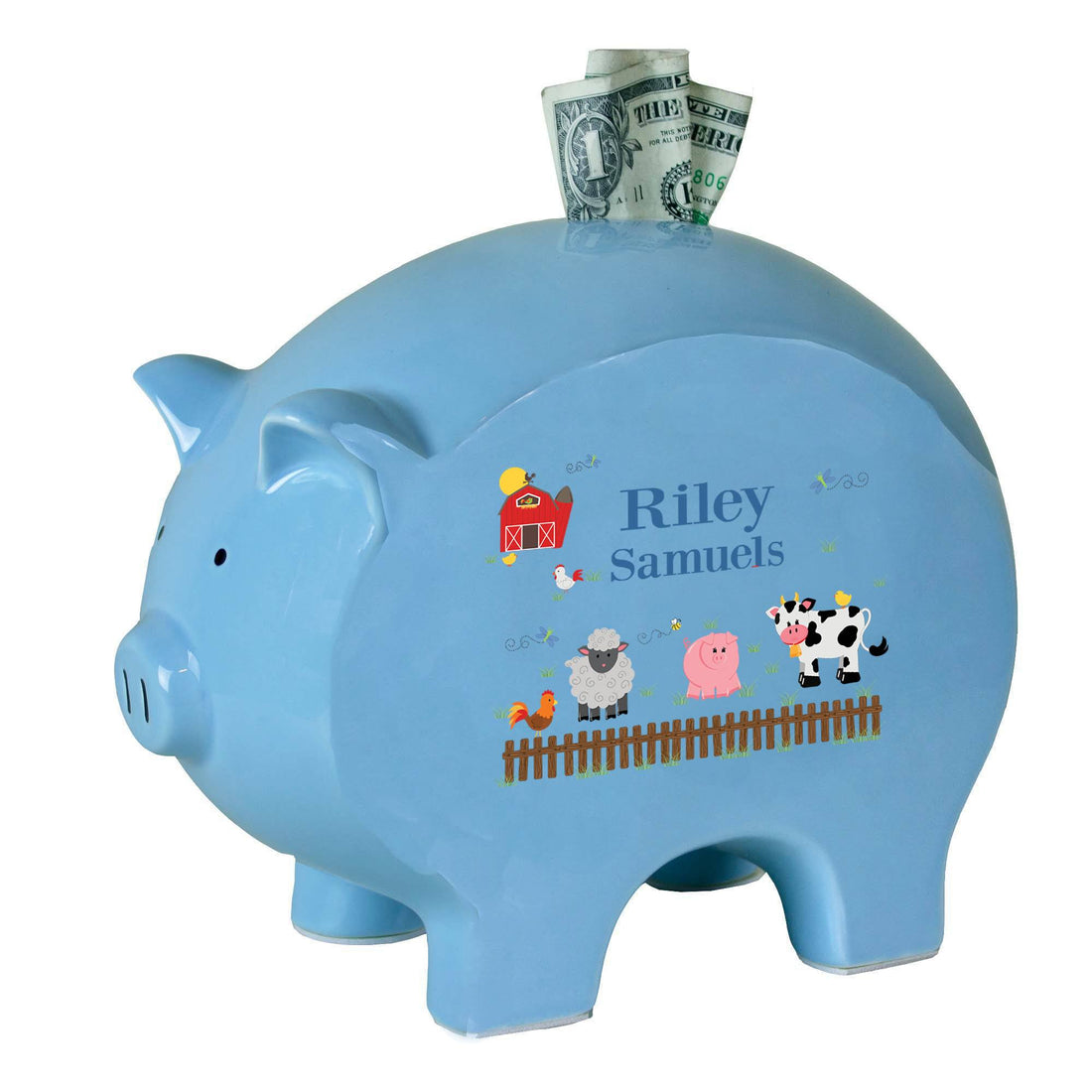 Personalized Blue Piggy Bank with Barnyard Friends design
