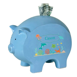 Personalized Blue Piggy Bank with Sea and Marine design