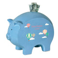 Personalized Blue Piggy Bank with Hot Air Balloon design