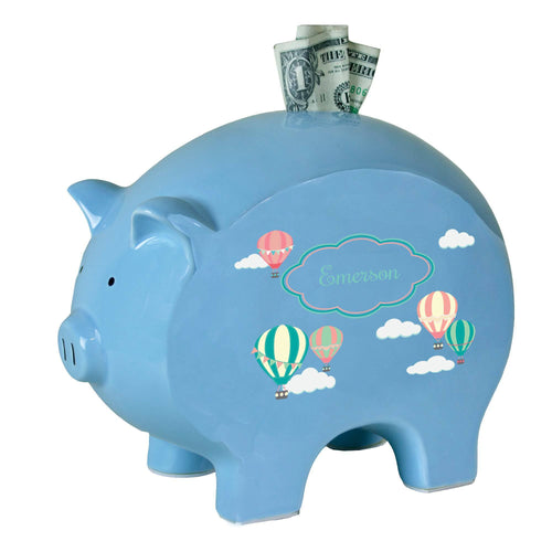 Personalized Blue Piggy Bank with Hot Air Balloon design