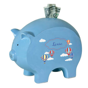 Personalized Blue Piggy Bank with Hot Air Balloon Primary design