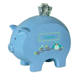 Personalized Blue Piggy Bank with Blue Gingham Owl design