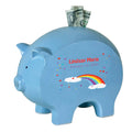 Personalized Blue Piggy Bank with Rainbow design