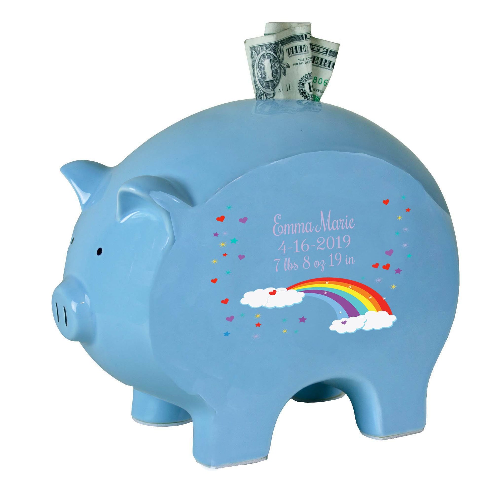 Personalized Blue Piggy Bank with Rainbow design