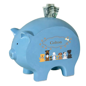 Personalized Blue Piggy Bank with Brown Dogs design