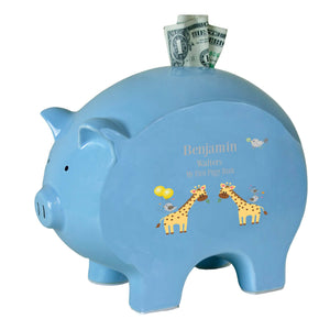 Personalized Blue Piggy Bank with Giraffe design