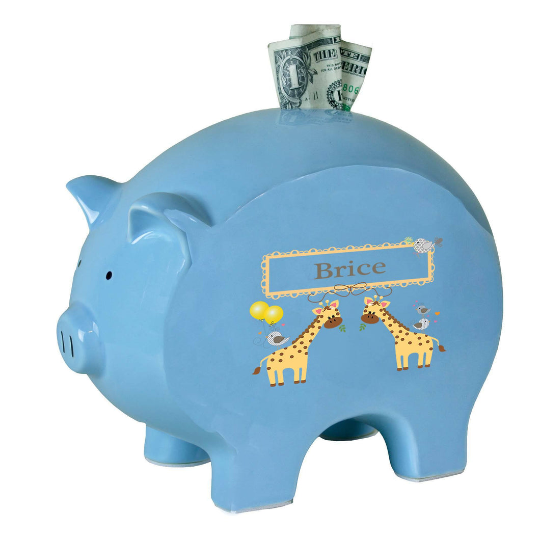 Personalized Blue Piggy Bank with Giraffe design