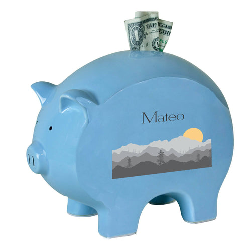 Personalized Blue Piggy Bank with Misty Mountain design