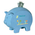 Personalized Blue Piggy Bank with Surf'S Up design