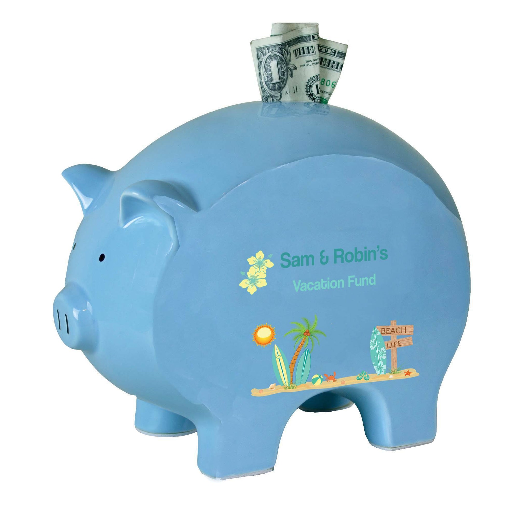 Personalized Blue Piggy Bank with Surf'S Up design