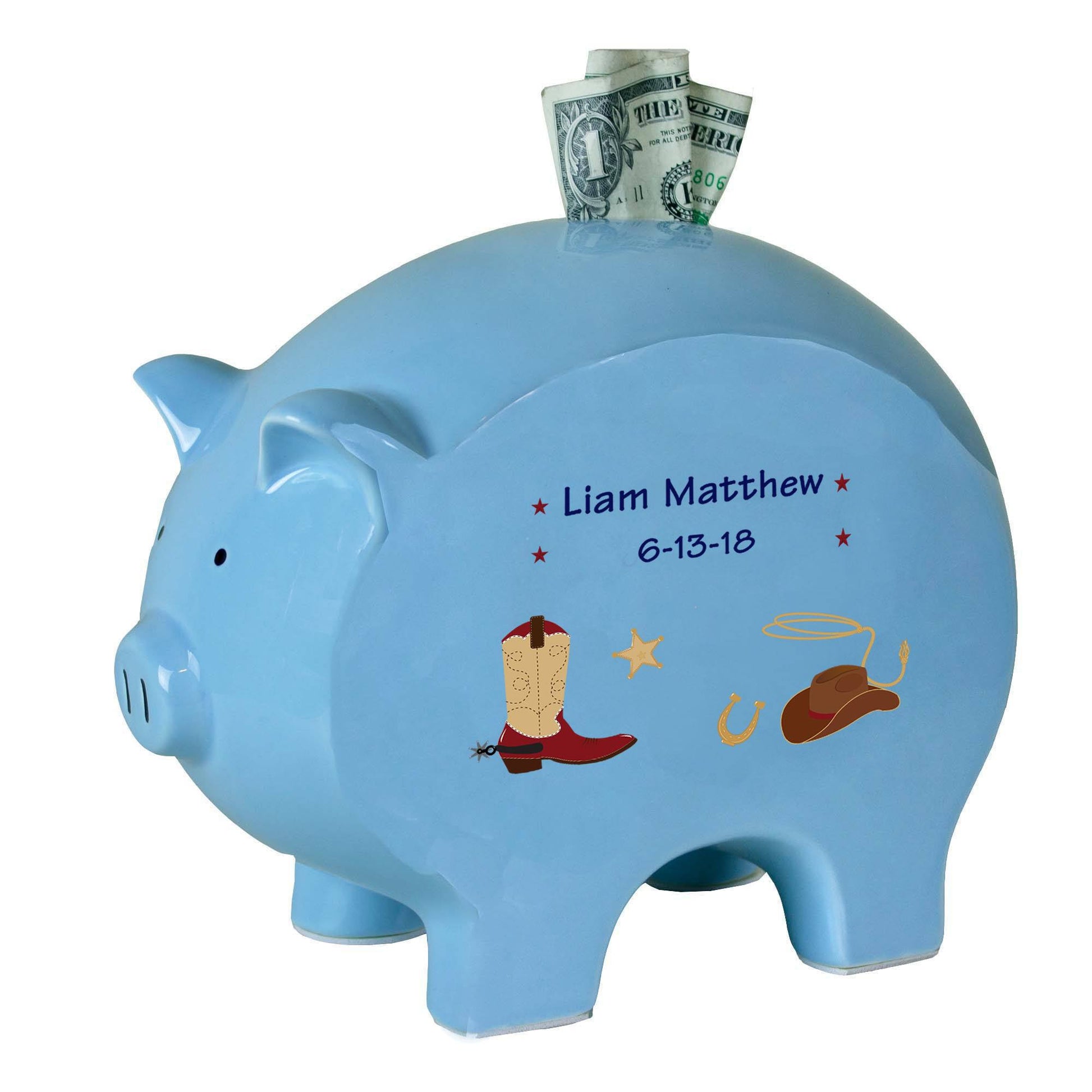 Personalized Blue Cowboy Piggy Bank