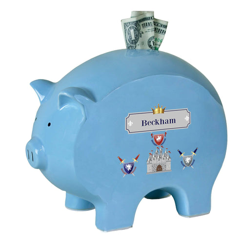 Personalized Blue Piggy Bank with Medieval Castle design