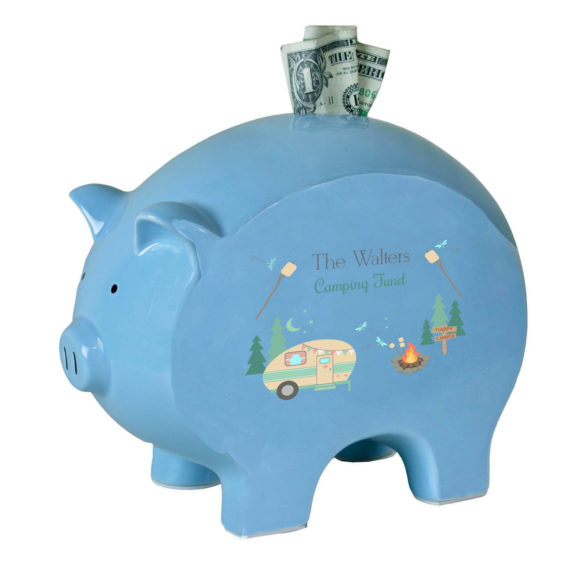 Personalized Blue Piggy Bank with Camp Smores design