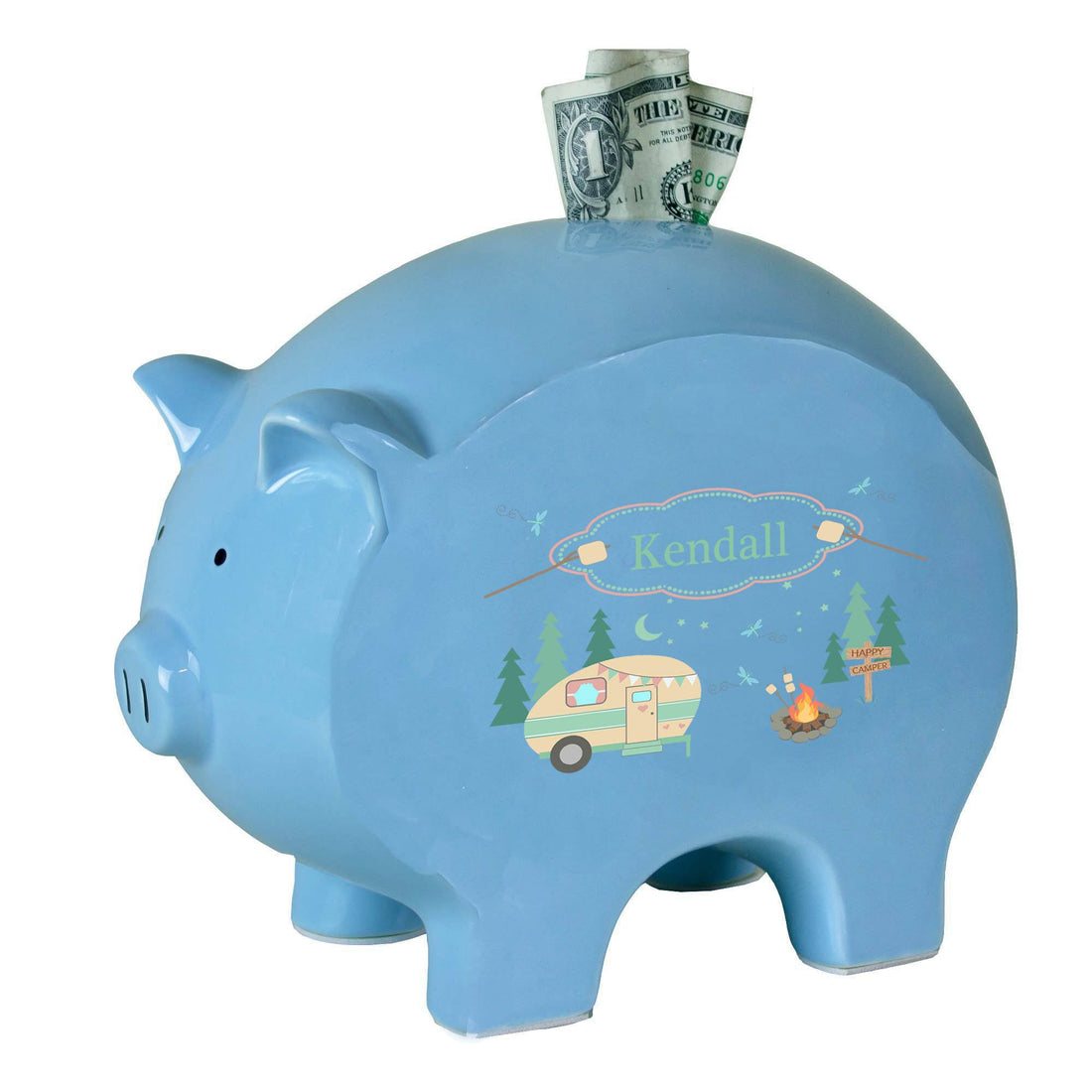 Personalized Blue Piggy Bank with Camp Smores design