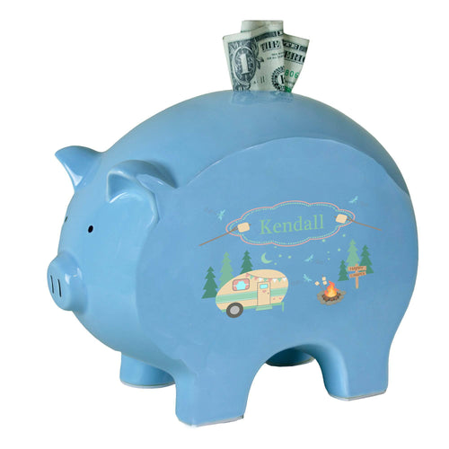 Personalized Blue Piggy Bank with Camp Smores design