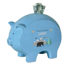 Personalized Blue Piggy Bank with Mountain Bear design