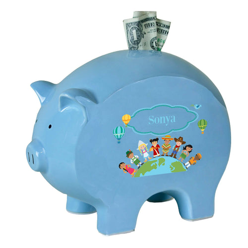 Personalized Blue Piggy Bank with Small World design