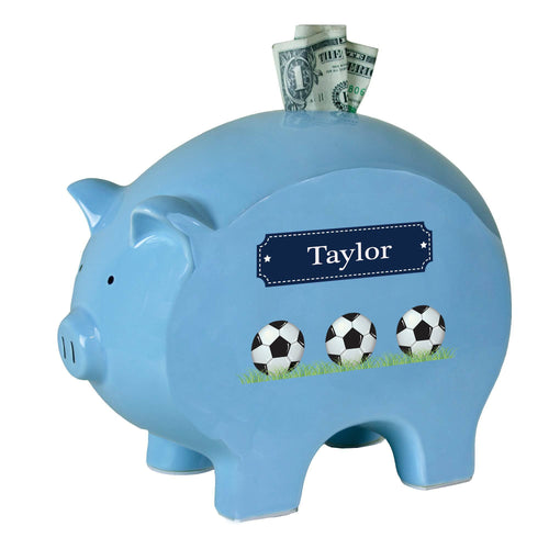 Personalized Blue Soccer Piggy Bank