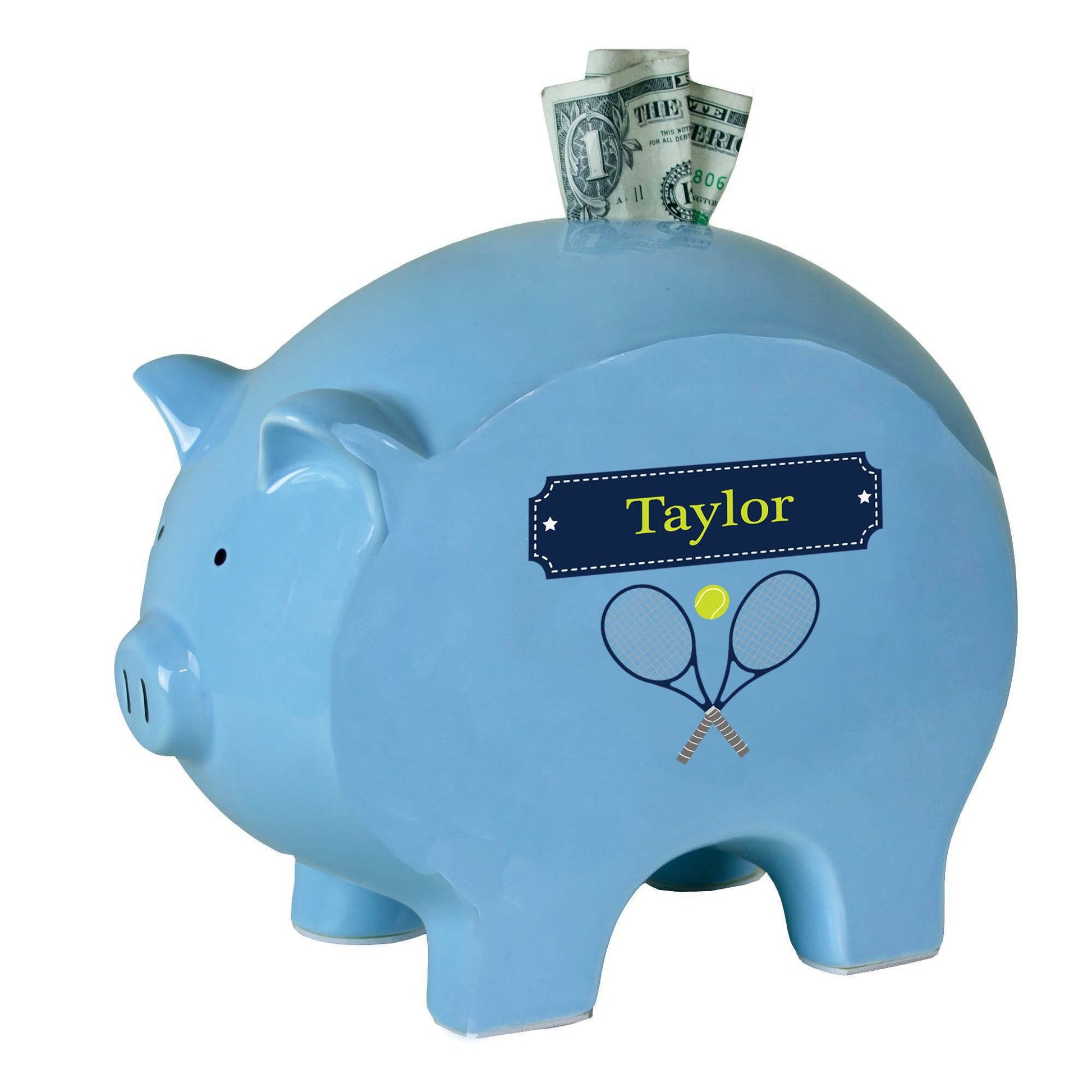 Personalized Blue Piggy Bank with Tennis design
