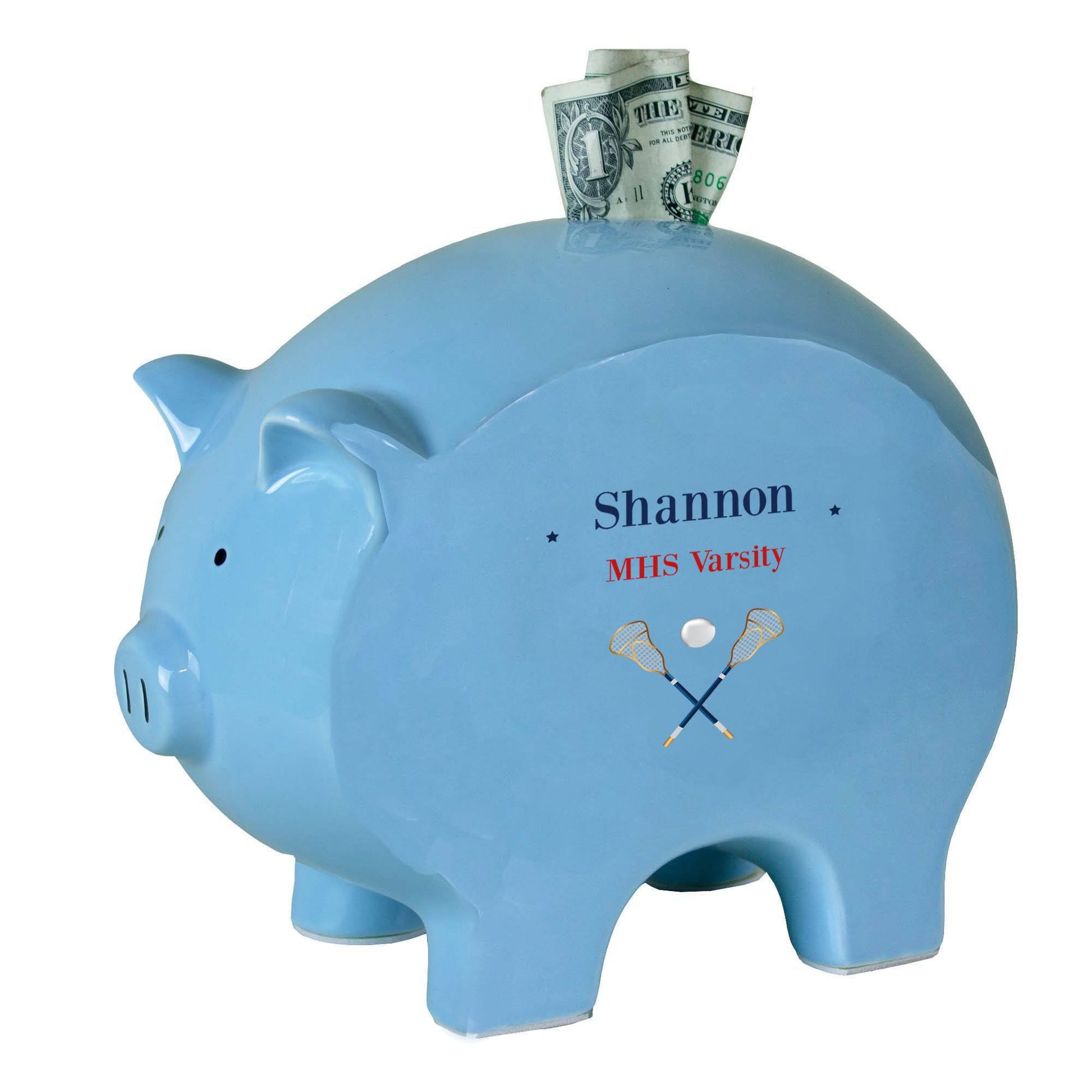 Personalized Blue Piggy Bank with Lacrosse Sticks design