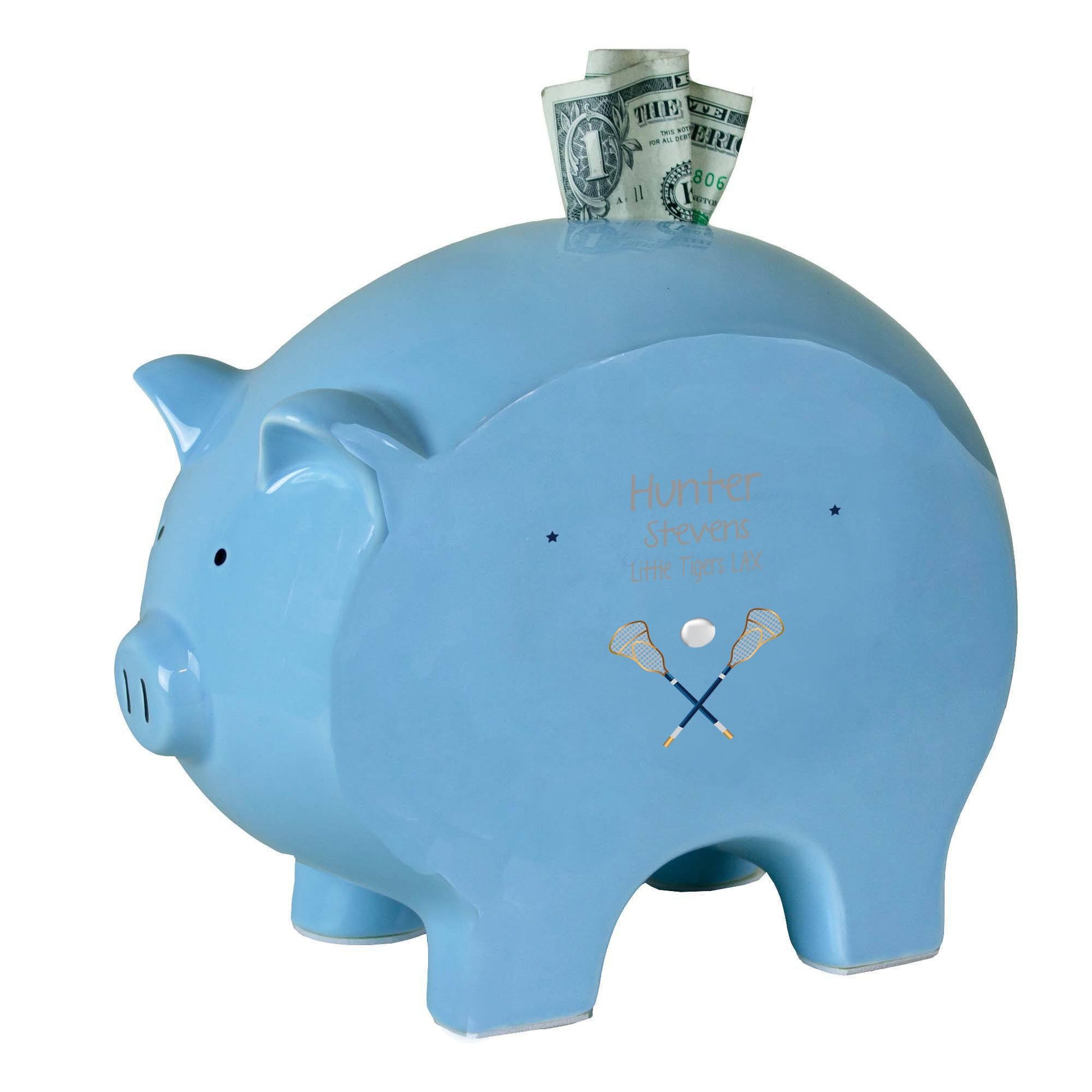 Personalized Blue Piggy Bank with Lacrosse Sticks design