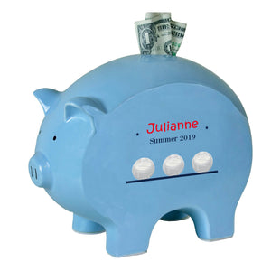 Personalized Blue Piggy Bank with Volley Balls design