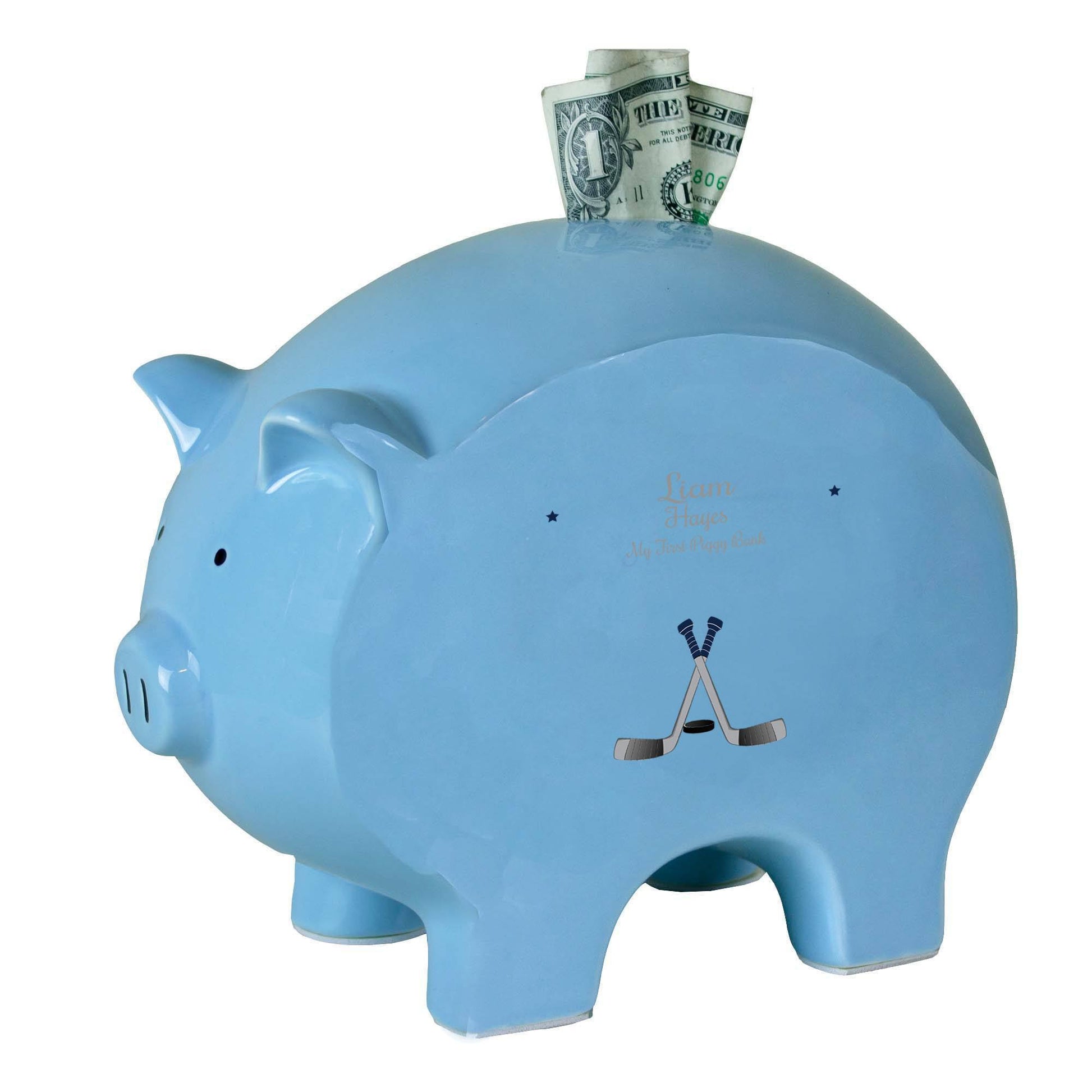 Personalized Blue Piggy Bank with Ice Hockey design
