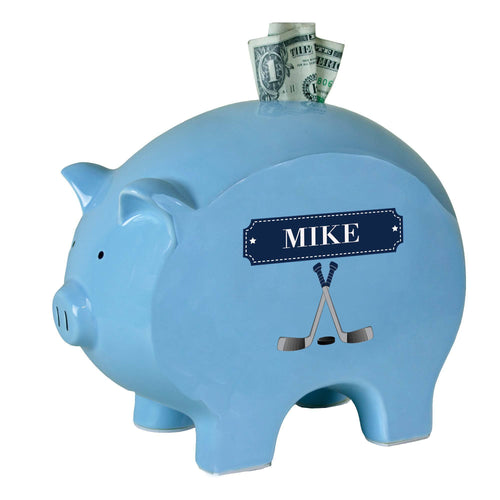 Personalized Blue Piggy Bank with Ice Hockey design