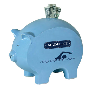 Personalized Blue Piggy Bank with Swim design