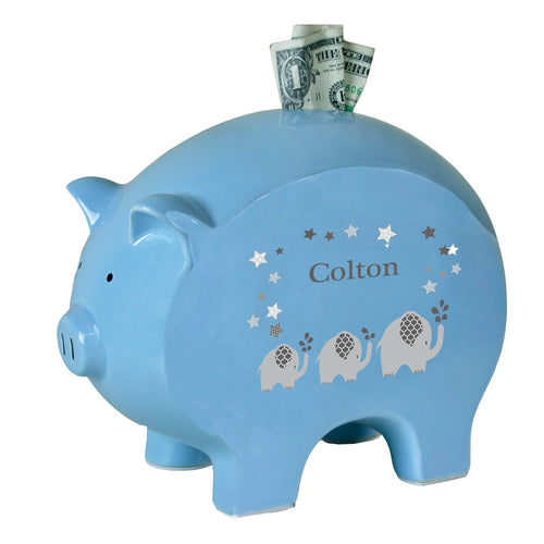 Personalized Blue Piggy Bank with Gray Elephant design