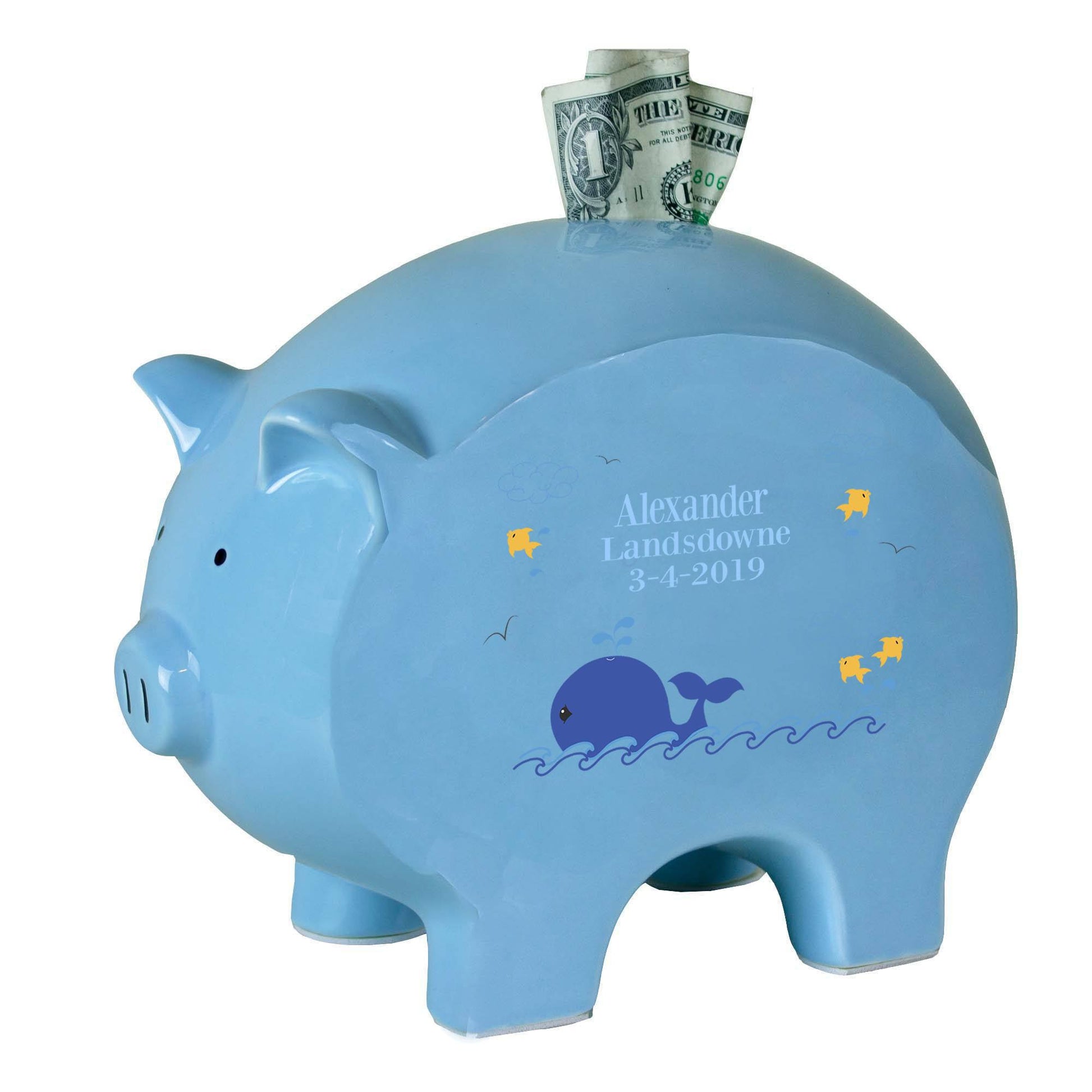 Personalized Blue Piggy Bank with Blue Whale design