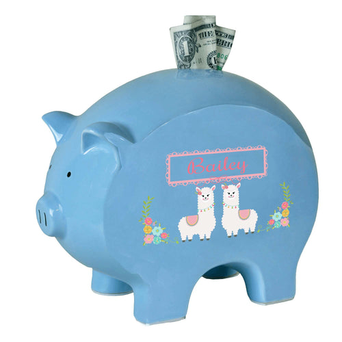 Personalized Blue Piggy Bank with Alpaca Llama design