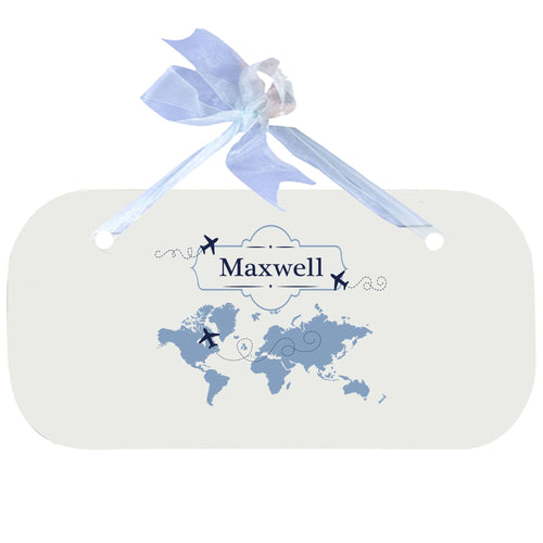 Personalized Wall Plaque Door Sign World Map Blue design