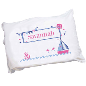 Personalized Girls Pink Navy Sailboat Pillowcase 
