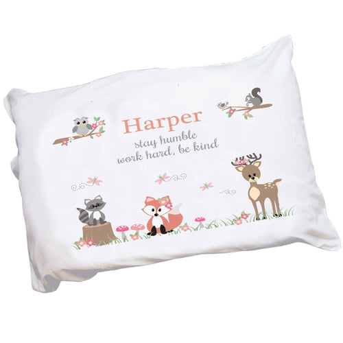 Personalized Childrens Pillowcase with Gray Woodland Critters design