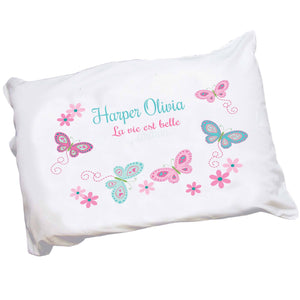 Personalized Childrens Pillowcase with Butterflies Aqua Pink design