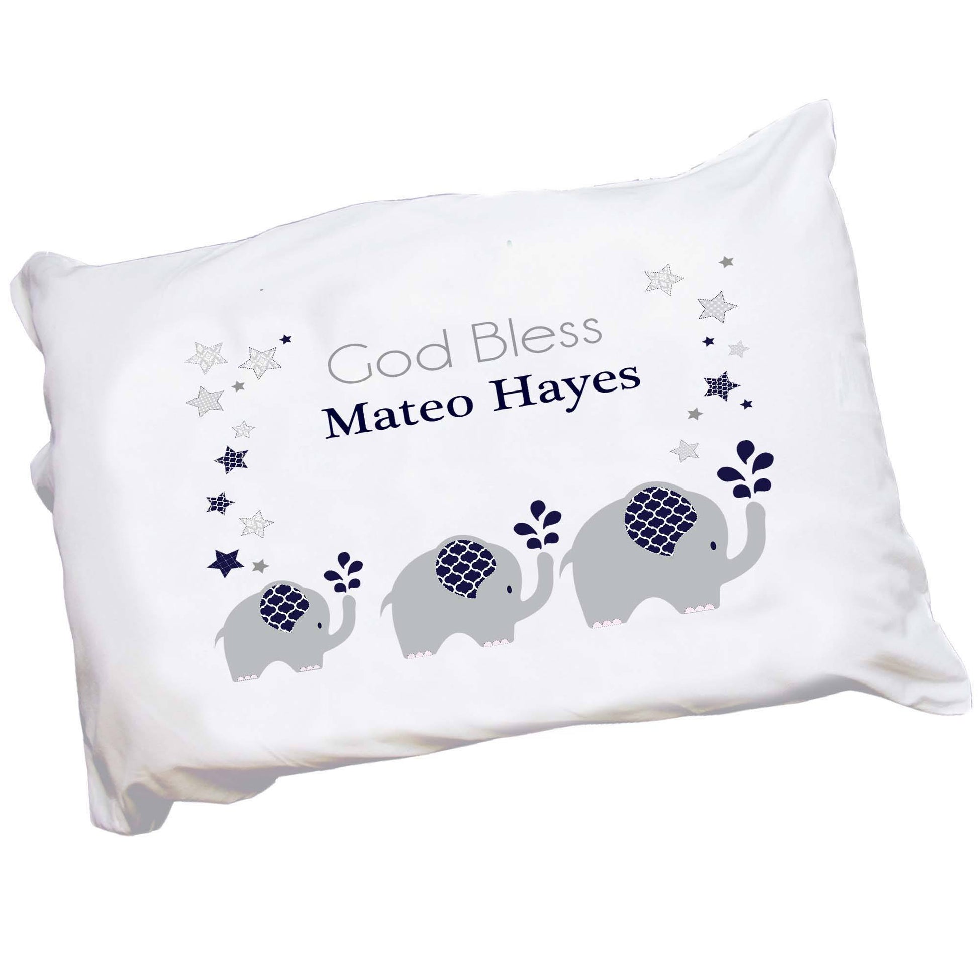 Childs Personalized navy blue and gray elephant pillowcase