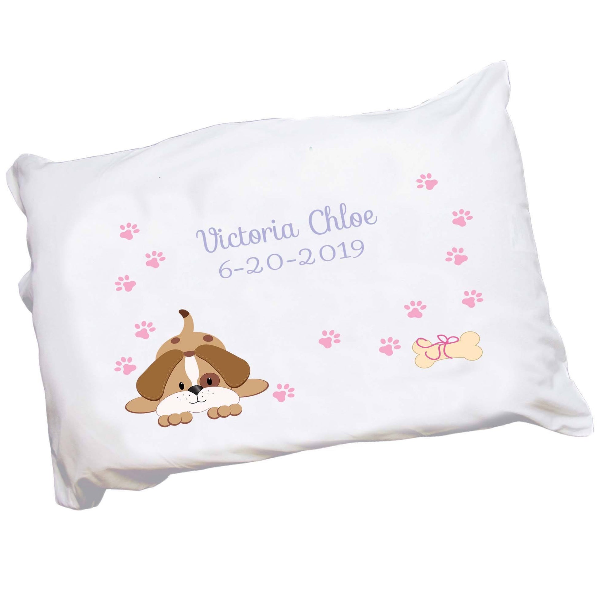 Personalized Childrens Pillowcase with Pink Puppy Dog