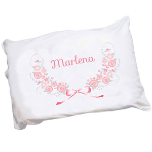 Personalized Childrens Pillowcase with Pink Gray Floral Garland design