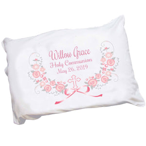 Girls Personalized pink gray cross religious Pillowcase