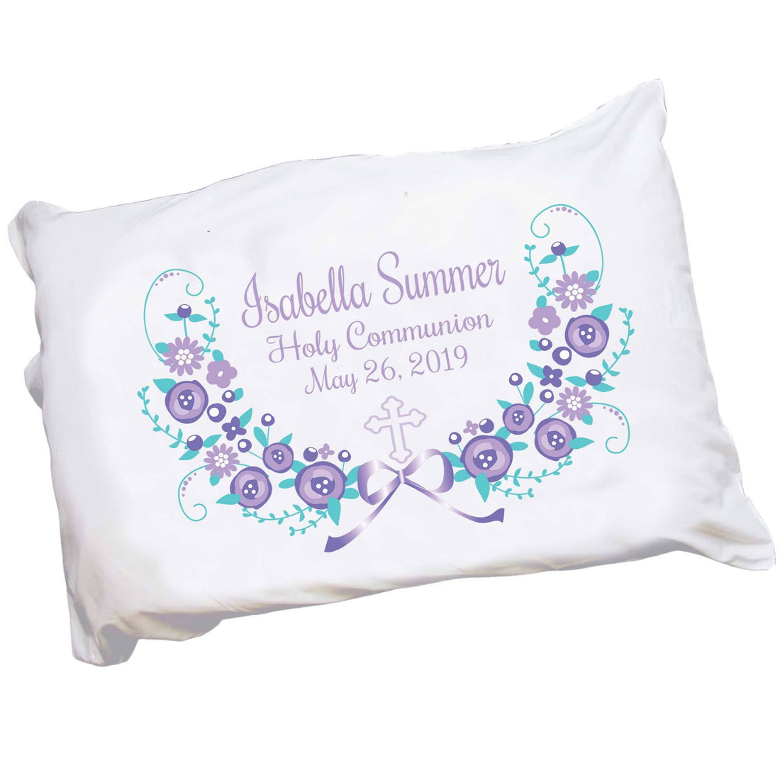 Personalized Childrens Pillowcase with Lavender Floral Garland Cross Design