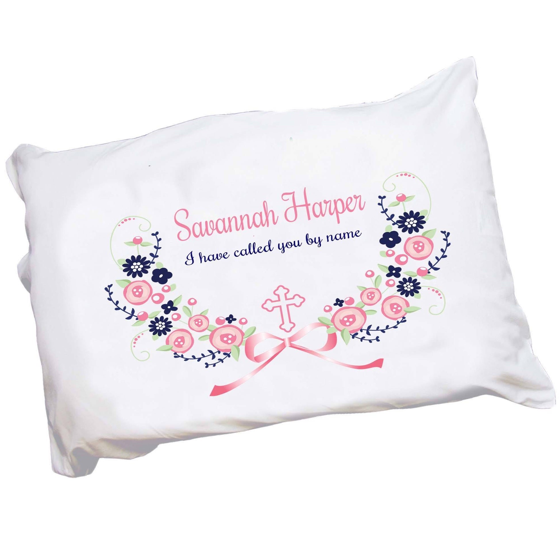 Personalized Girls Pink Navy Blue Flowers Cross Pillowcase