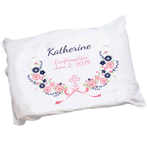 Personalized Girls Pink Navy Blue Flowers Cross Pillowcase