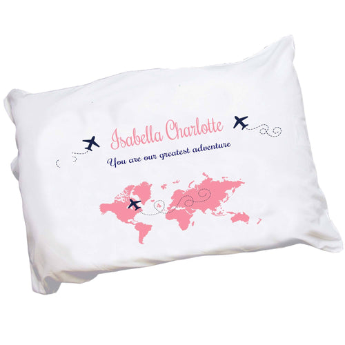 Personalized Childrens Pillowcase with World Map Pink design