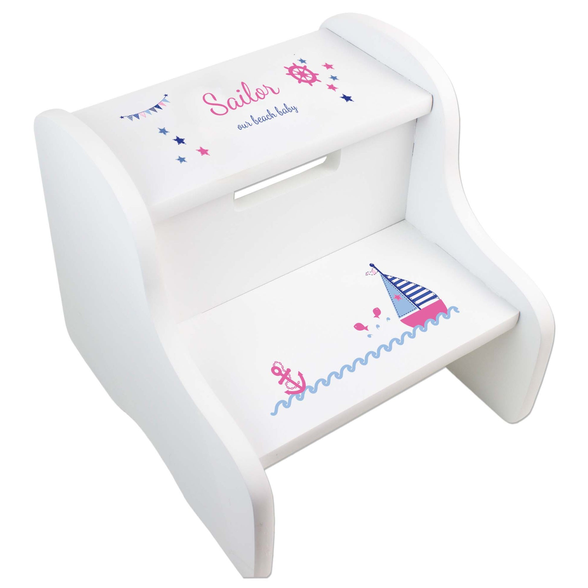 Personalized Pink Sailboat White Two Step Stool