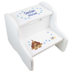 Personalized Blue Puppy White Two Step Stool