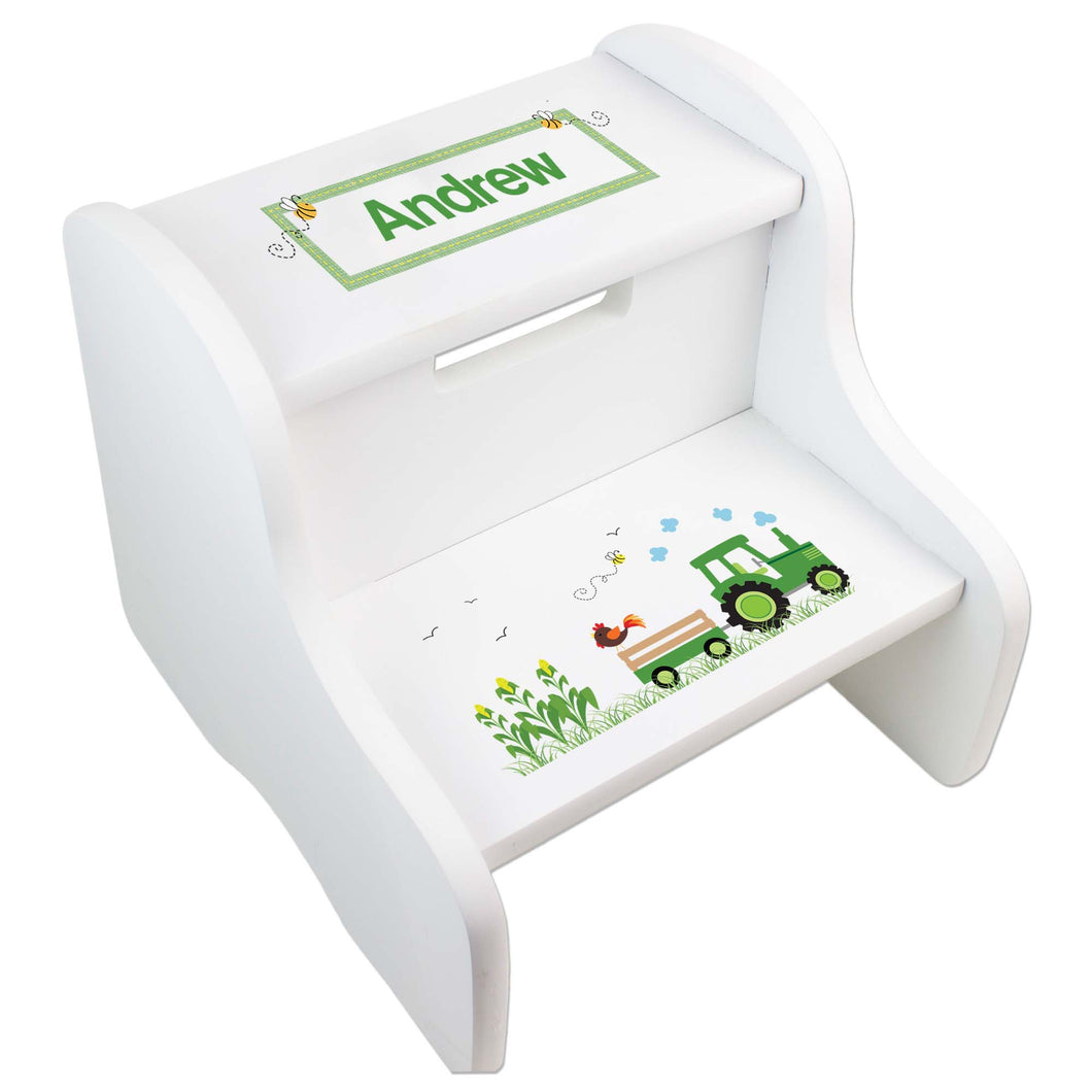 Personalized Green Tractor White Step Stool