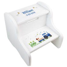 Personalized White Step Stool With Blue Tractor Design
