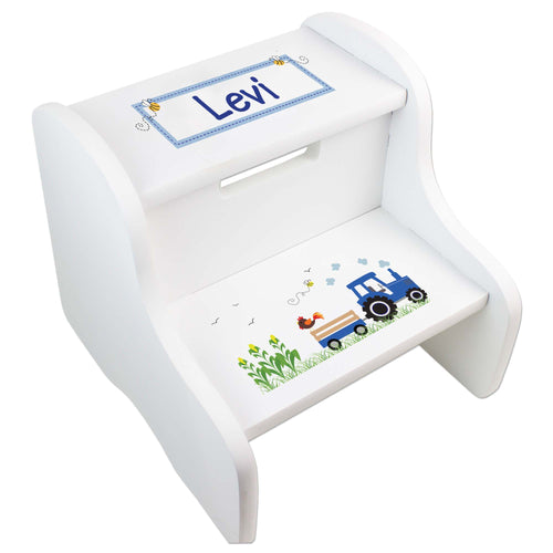 Personalized White Step Stool With Blue Tractor Design