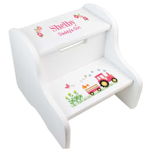 Personalized White Step Stool With Pink Tractor Design